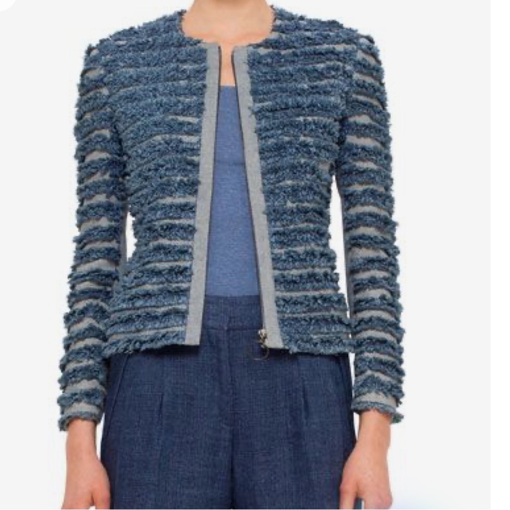 Akris Punto Denim Chambray Fringe Jacket Zip Front Blazer w/ Pockets. Size 8